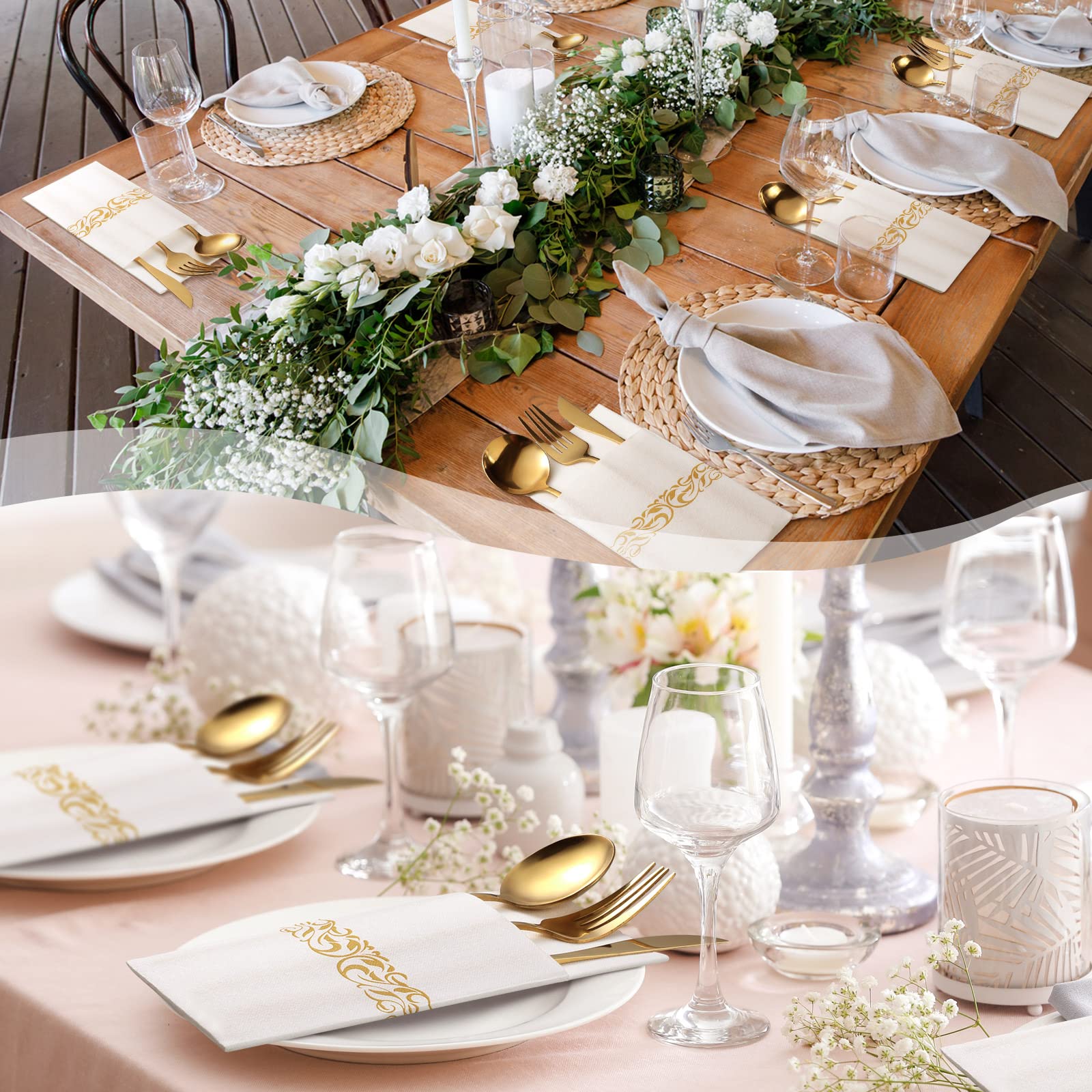 120 Pcs Disposable Dinner Napkins Pocket for Flatware Disposable Cloth Like Napkins Linen Feel Absorbent Disposable Paper Hand Napkins for Parties Weddings Dinners or Events (White, Gold)