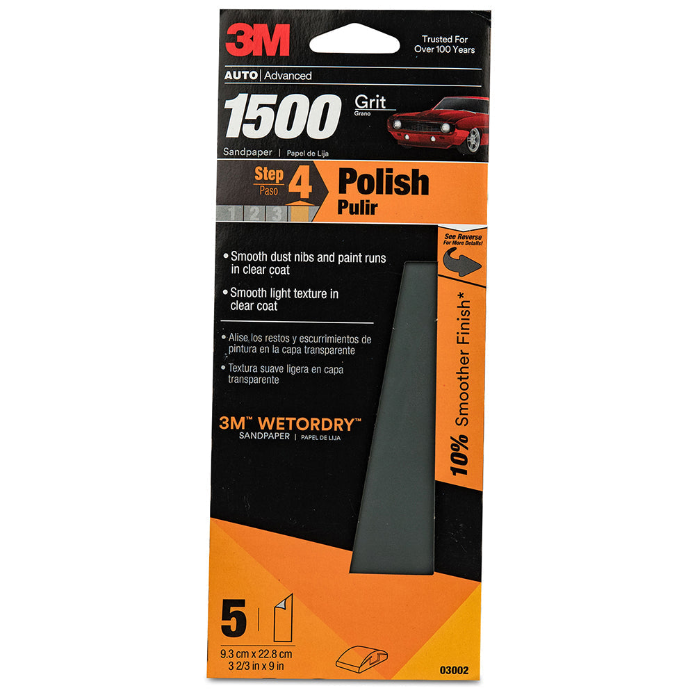 3M Wetordry Sandpaper, 03002 - 1500 grit, 3-2/3" x 9" (5 sheets)