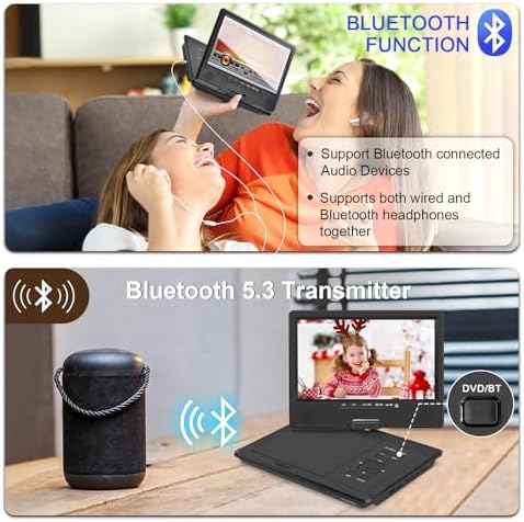 12.5" Portable DVD Player, Bluetooth Headrest Video Players with 10.1" Swivel Screen, 5 Hours Rechargeable Battery, DVD Player for car, Regions Free, Car DVD Player Supports SD/USB/Sync TV