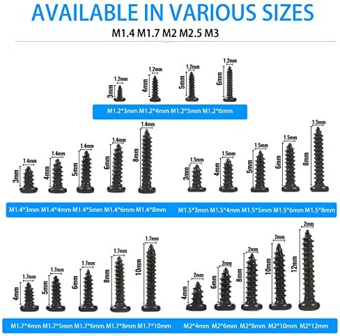 1100pcs Round Pan Head Tapping Screws Laptop Notebook Computer Screws Kit,M1.2,M1.4,M1.5,M1.7,M2 countersunk Phillips Mini Screw Set for Electronic Repair (1100PCS)
