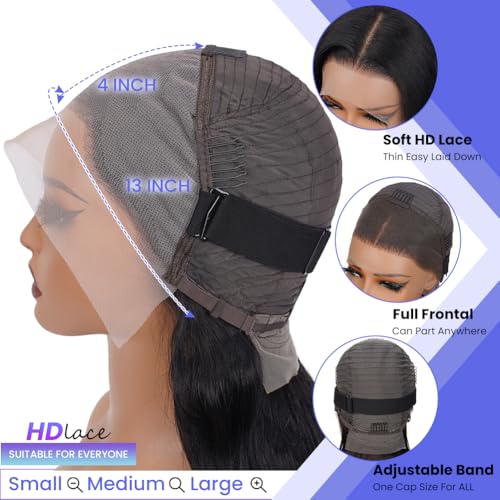 13x4 HD Transparent Lace Front Wigs Human hair Pre Plucked 180 Density Brazilian Body Wave Frontal Wigs Human Hair with Baby Hair Natural Hairline Natural Black Color 24 Inch