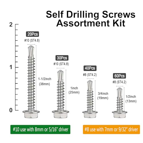 150Pcs Self Drilling Screws Assortment Kit, 410 Stainless Steel Self Tapping Sheet Metal TEK Screws, #8 1/2" 3/4" #10 1" 1-1/2", Hex Washer Head
