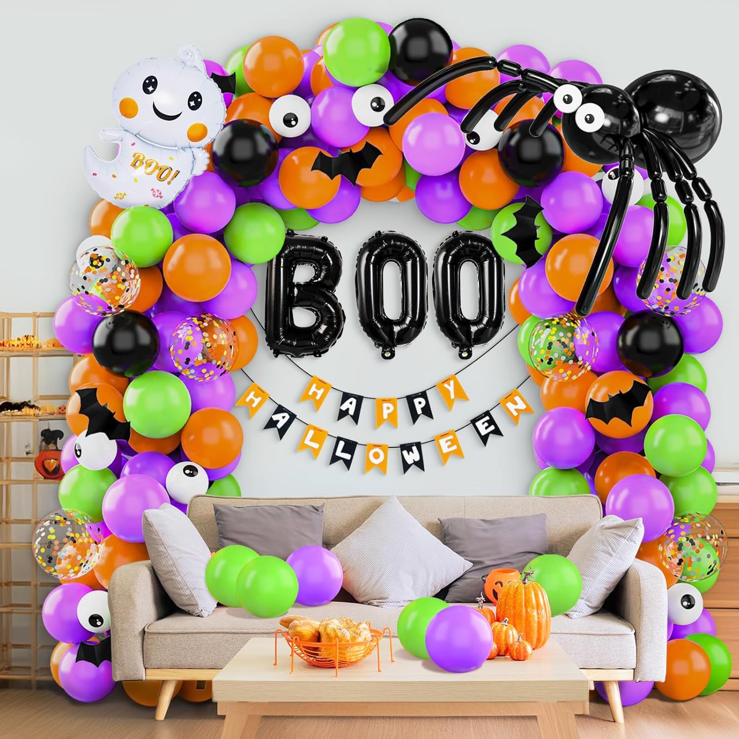 114 Pcs Halloween Balloons Garland Arch Kit, Orange Black Purple Latex Party Balloons Set with Pumpkin Spider Bat Tree Man BOO Foil Balloons and Confetti Balloons for Halloween Party Decorations