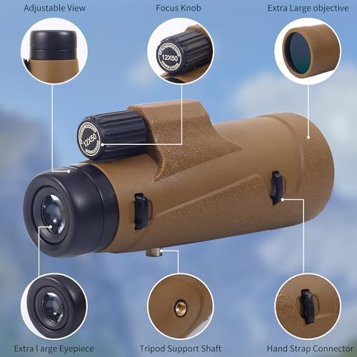 12x50 High Power Monoculars for Adluts, Tripod Travel Bag with Smartphone Adapter, BAK-4 Prism, Ultra Clear FMC Lens for Bird Watching, Hunting, Traveling, Hiking.Designed in United States