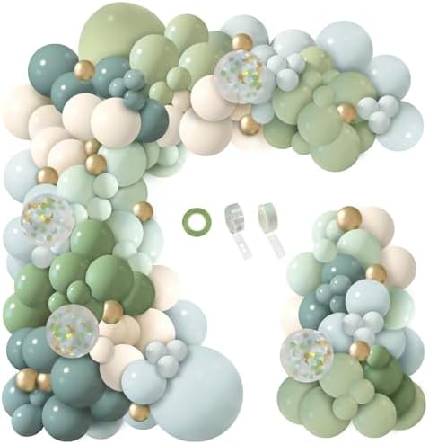 150Pcs Dusty Blue Green Balloon Garland Arch Kit, Ash Mist Green Haze Fog Blue Sand White Gold Balloons for Baby Shower Jungle Safari Woodland Wild One Bridal Birthday Party Decorations