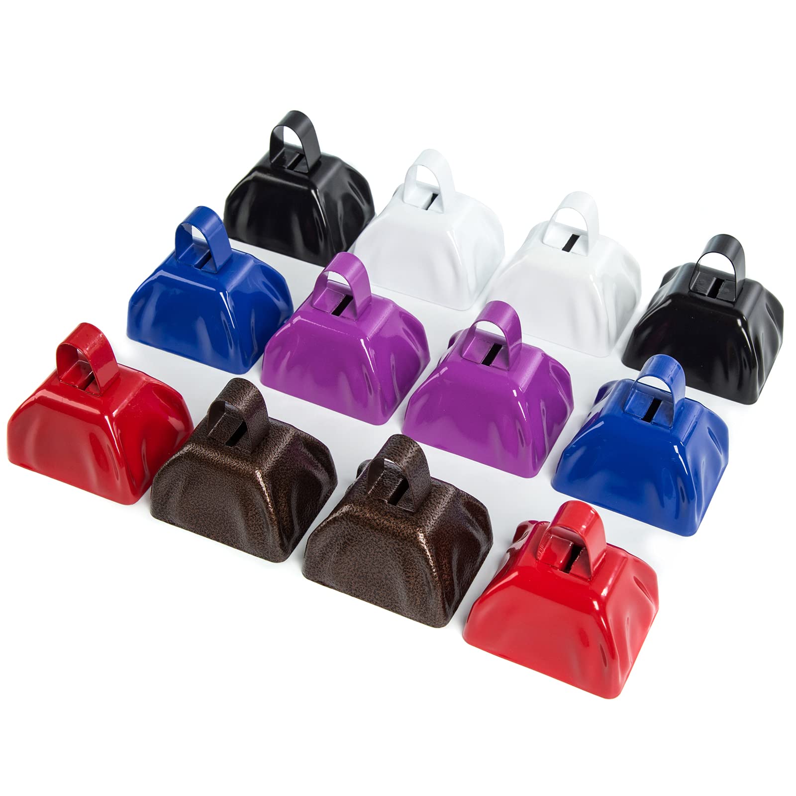 12-Pack Cowbells Noise Maker Decorative Cow Bells Christmas Bell Cowbells with Handle Call Bell Alarm (3 x 2.8 In, 6 Colors)