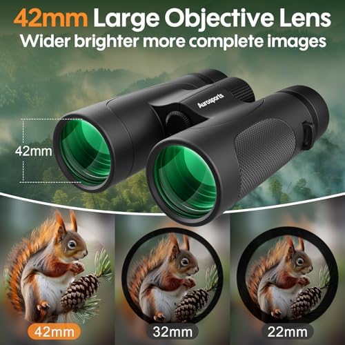 12x42 UHD Waterproof Binoculars for Adults: Aurosports High Powered Binoculars Easy Focus - Large View Lightweight Binoculars with Clear Low Light Vision for Bird Watching Hunting Trip Hiking Black