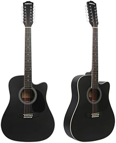 12 String Acoustic Guitar Cutaway,Adjustable Truss Rod Full Size Bundle with Gig Bag,Tuner,Strings,Strap, Picks, Black By Janerock