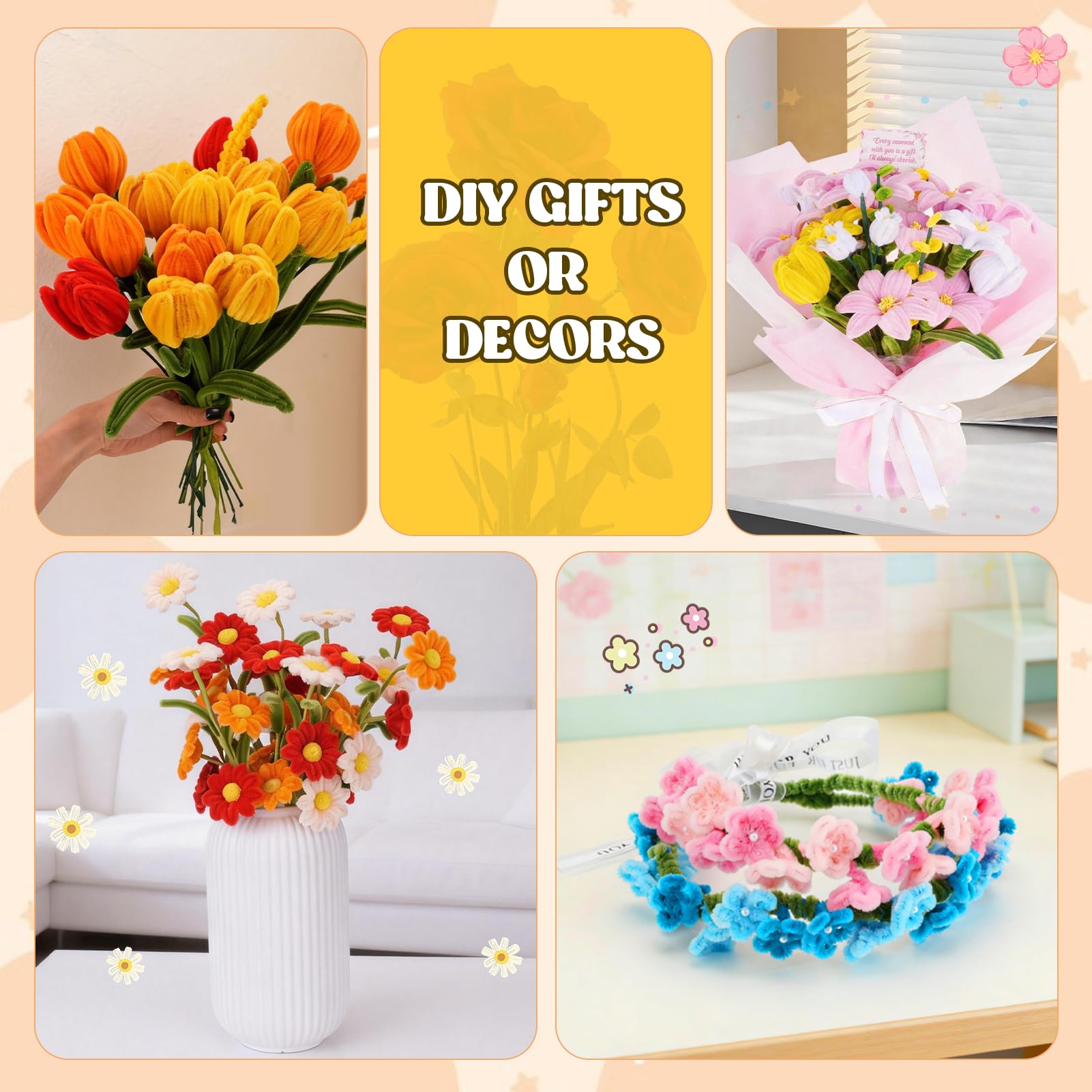 1000PCS Pipe Cleaners Flower Kit, Pipe Cleaner Bulk Craft Flower Making Kit with Instruction, 8 Colors Thick Chenille Stems for Arts DIY Craft Supplies with Greeting Card, Floral Wires, Tape, Stamen