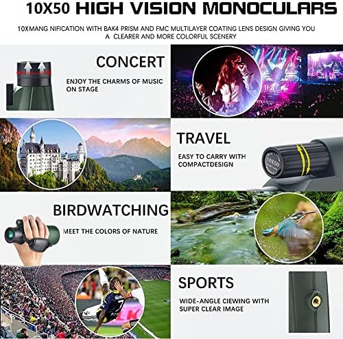 10X50 Monocular Telescope with Phone Adapter & Tripod High Power Monoculars for Adults Low Night Vision HD Monocular Scope for Bird Watching Hunting Hiking Concert Travelling