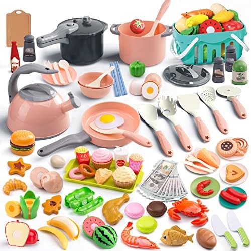 130Pcs Kitchen Playset, Toddler Pretend Cooking Play Pots, Pans, Utensils Cookware, Daily Food Fruit Veges, Shopping Storage Basket, Dessert, Prop Money, Learning Gift for Child (Pink)
