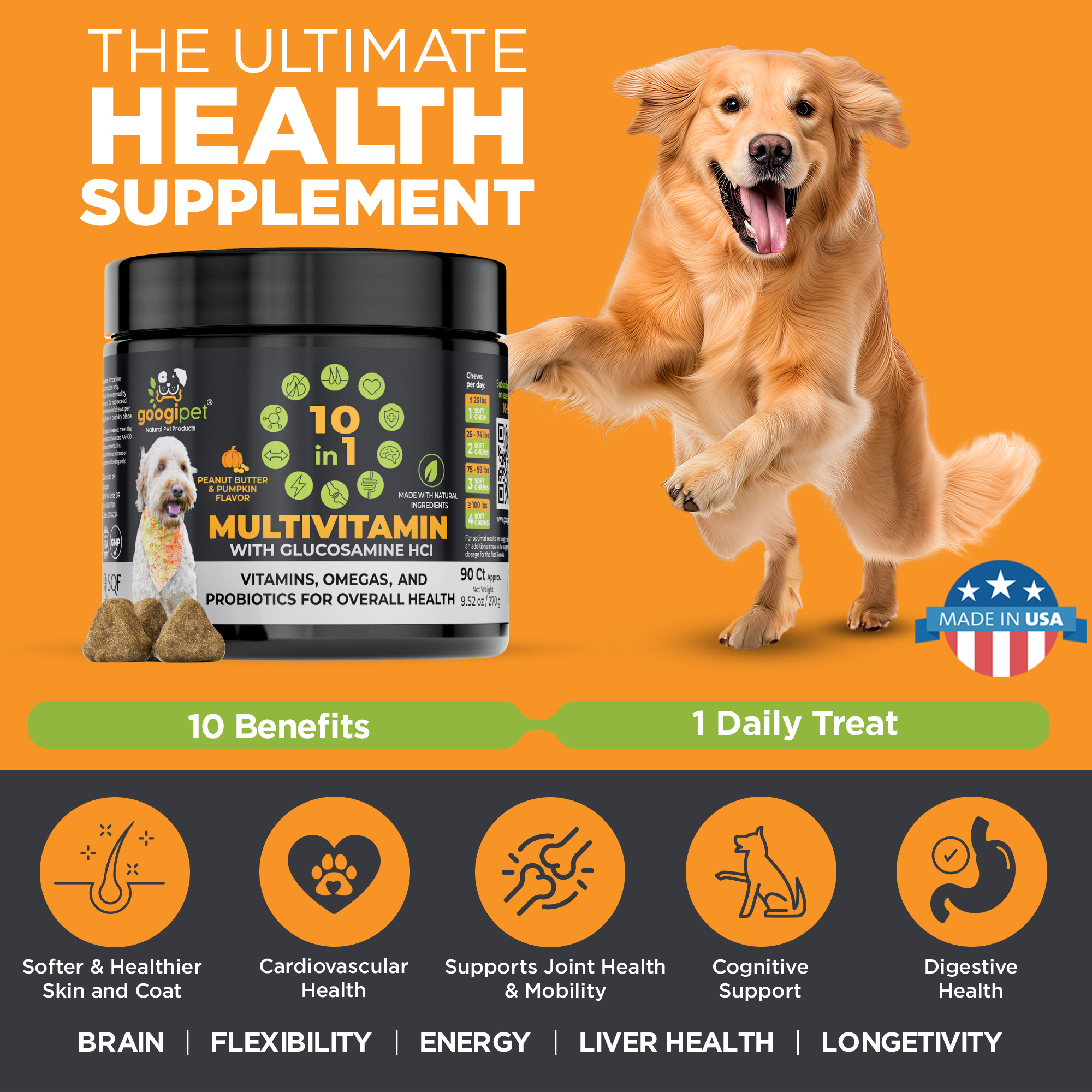 Googipet 10 in 1 Multivitamin Chews for Dogs (Peanut Butter & Pumpkin Flavor)