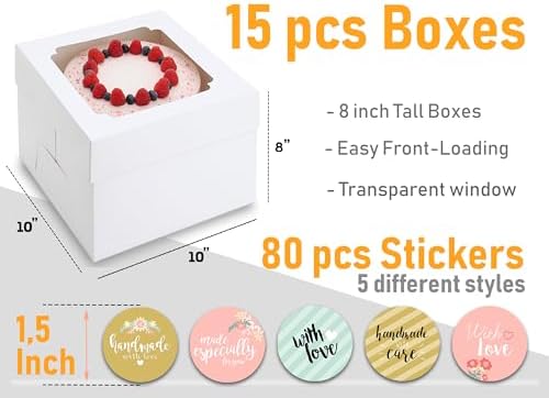 10x10x8 Bulk 15 Pcs Tall Multi-Layer Cake Boxes 10 Inch with Window Clear Bakery Box Square White Large Disposable Pie Boxes Package for Bake Decorating Supplies Pastry Box (80 Pcs Stickers)