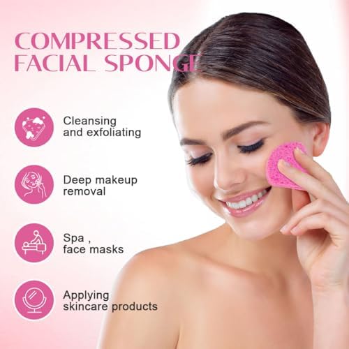 120-Count Compressed Facial Sponges, Face Sponge for Cleansing, 100% Natural Cellulose Cosmetic Spa Scrubs for Makeup Removal, Exfoliating Mask, Skin Massage - Pink