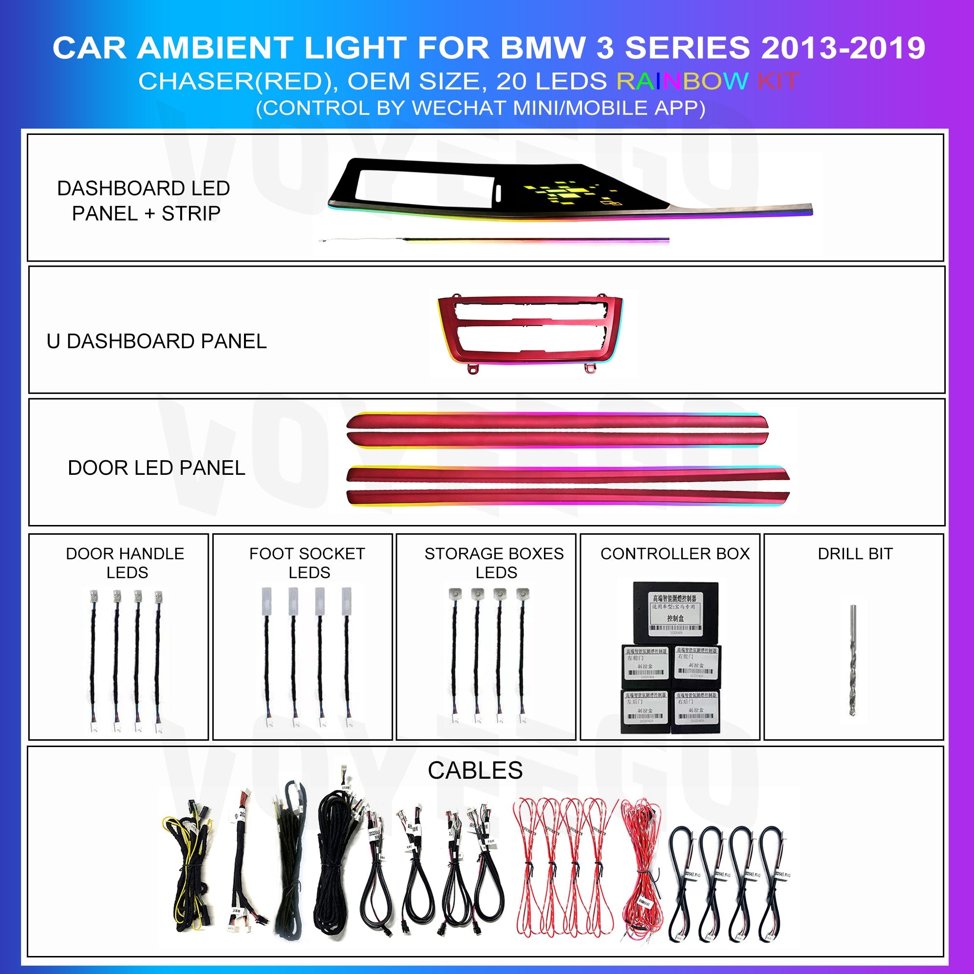 3 Series 2013-2019 Short Wheel Based Ambient Lighting Trim 20 Leds Chaser Red