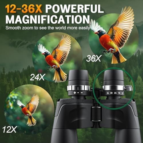 12-36x50 HD Binoculars for Adults - High Powered Binoculars with Clear Low Light Vision for Bird Watching - Zoom Binoculars with Large View for Hunting Cruise Ship Travel Hiking Opera
