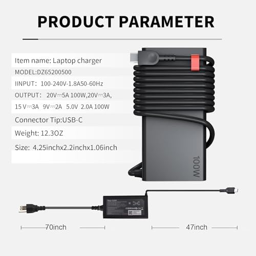 100W USB C Charger for Lenovo Yoga Slim 9 9i 7i Y9000 R9000 R7000P, ThinkBook 14 16 neo14 ADL100YCC3A ADL100YDC3A ADL100YLC3A ADLX65YDC2A Lenovo Laptop Charger USB Type C
