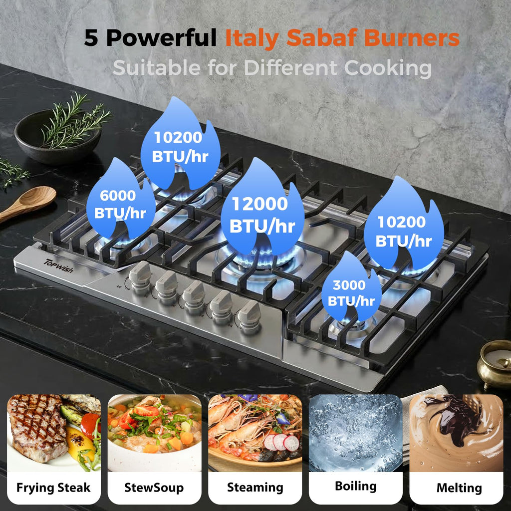 12 Inch Gas Cooktop, TOPWISH Gas Stove Top with 2 High Efficiency SABAF Burners, NG/LPG Convertible 304 Stainless Steel Built-in Propane Stovetop with Thermocouple Protection for Apartments, Rvs