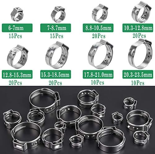 130 Pieces 1/4" - 1-1/8" Single Ear Hose Clamps 304 Stainless Steel PEX Cinch Clamps Stepless Cinch Crimp Rings Pinch Clamps for Pipe Fitting Connections (10 Sizes 6-29mm)
