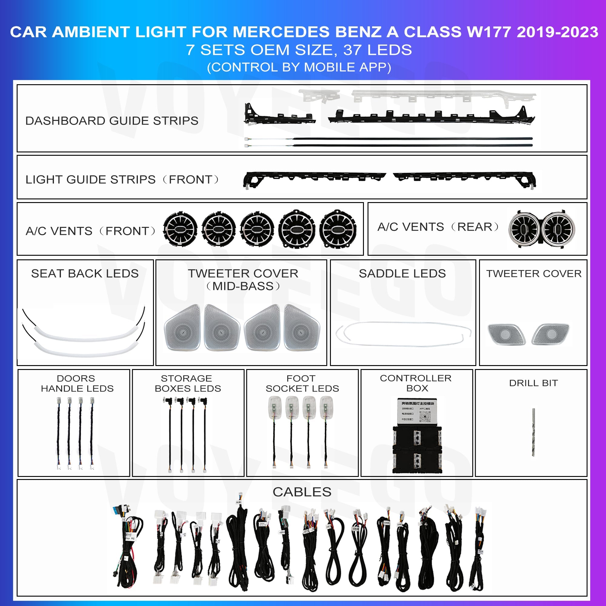A Class W177 2019-2023 Interior Ambient Lighting | 7 IN 1 Kit | 37 LEDS