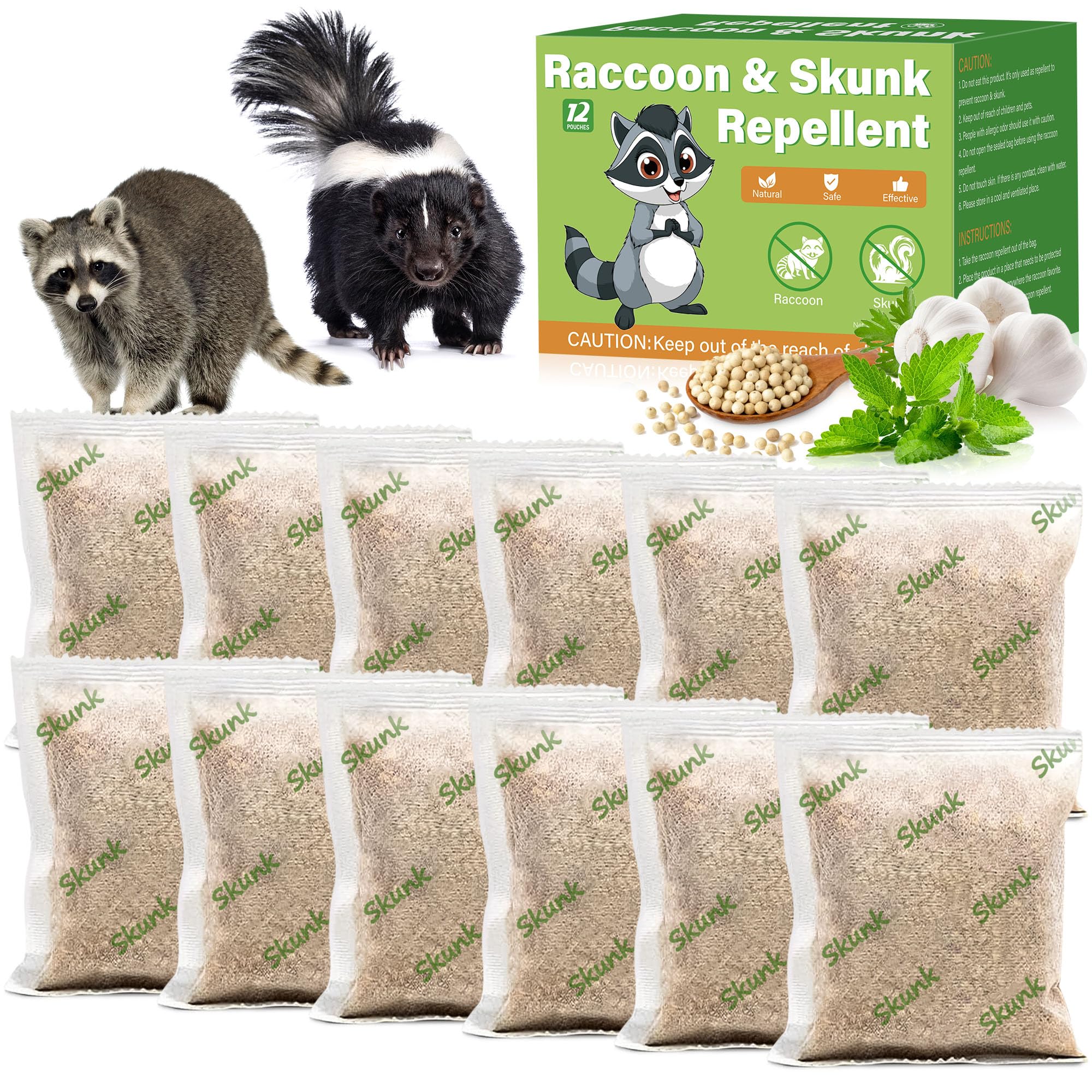 12 Pack Peppermint Skunk Repellent Pouches, Natural Raccoon Repellent Pouch Keep Skunks Out from Outdoor Yard Attic Garden House, Long-Lasting Protection, Safe for Dogs and Children