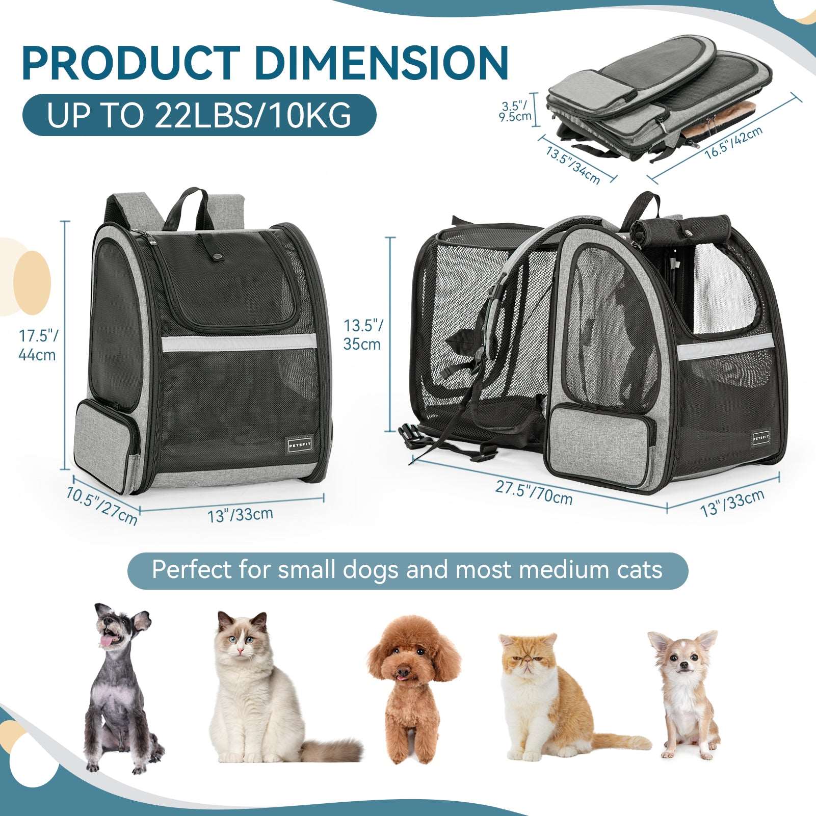 PETSFIT Dog and Cat Backpack Carrier Expandable with Great Ventilation