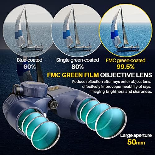 10x50 Marine Binoculars with Compass for Adults - Waterproof BAK4 Prism FMC Lens Binoculars with Rangefinder Compass and Shoulder Harness Strap for Navigation Hunting Bird Watching