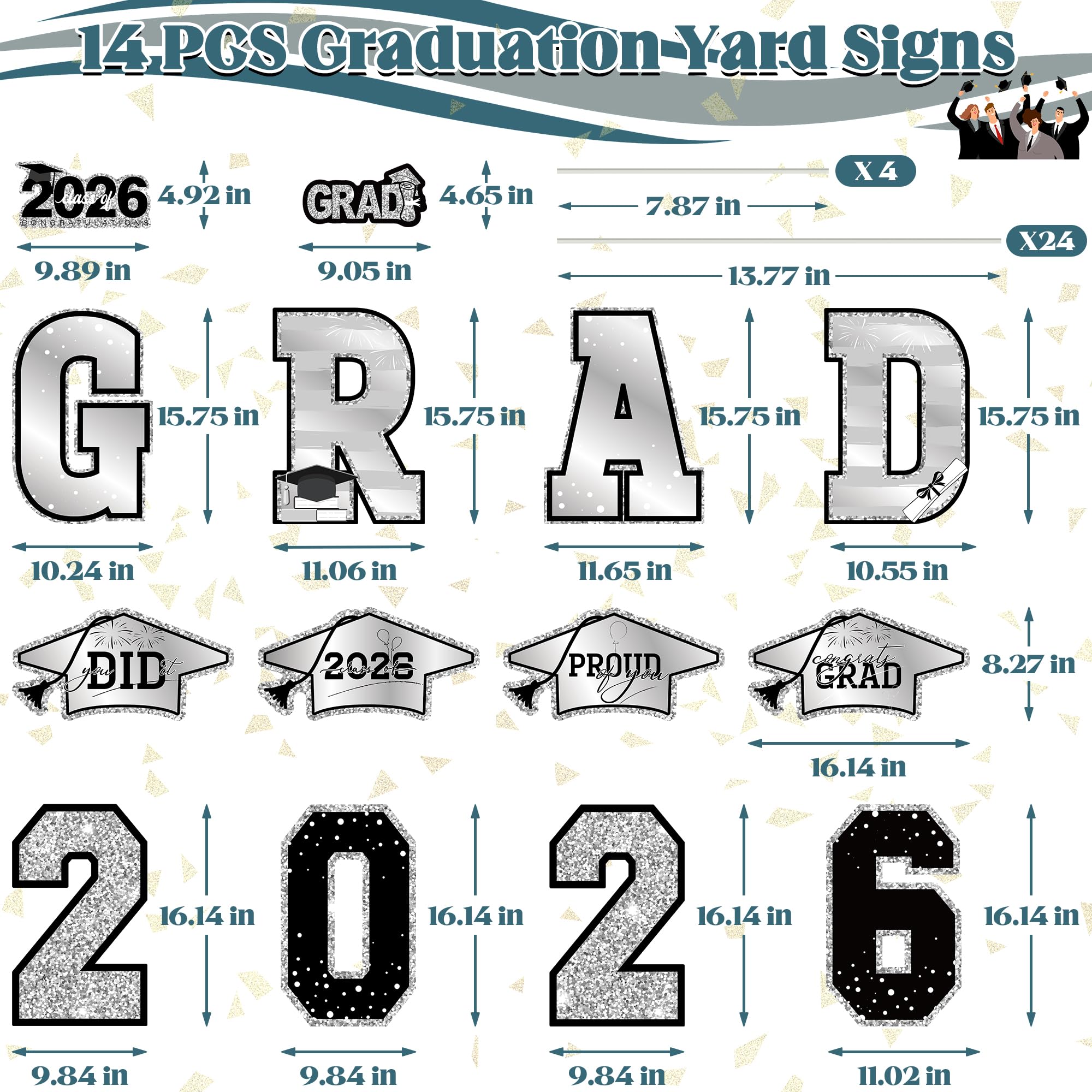 14 PCS Graduation Decorations, Silver Congrats Grad 2026 Lawn Stakes, Class of 2026 Graduation Yard Signs with Stakes, Weatherproof Graduation Outdoor Decor Set for College High School Grad Party