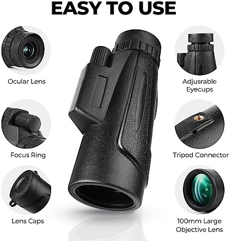 12x50 HD Monocular Telescope for Smartphone, Monoculars for Adults High Powered with Bak4 Prism and Fmc Lens, Low Night Vision for Bird Watching/Hunting/Wildlife/Hiking/Traveling - Midnight Black