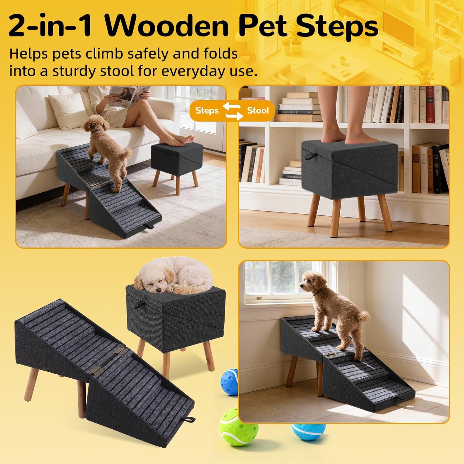 Dog Stairs for Couch 2 in 1 Foldable Pet Steps Ottoman Non Slip
