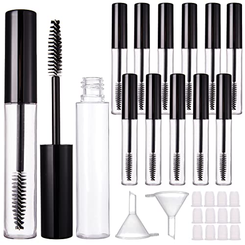 12 Pack 10ml Empty Mascara Tube with Brush Wand, YITOU Refillable Eyelash Cream Container DIY Cosmetics Bottle for Castor Oil/Eyebrow Growth Serum/Coconut Oil, 12 Rubber Inserts, 2 Funnel, Black