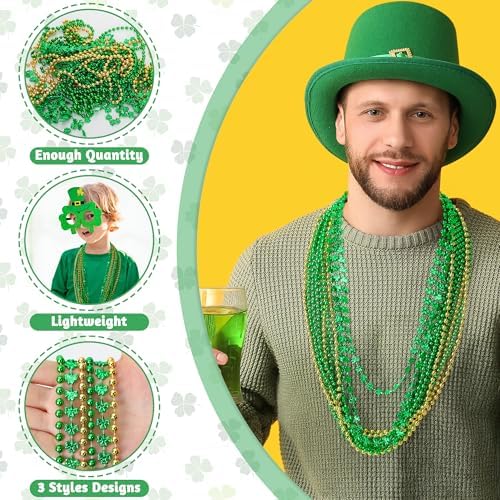 12 PCS St Patricks Day Necklace, Gold Green Beads Shamrocks Necklace, Plastic Shamrocks Bead Necklace Set, Irish Beer Decorations Supplies for St.Patricks Day Accessories Decorations Favors Bulk