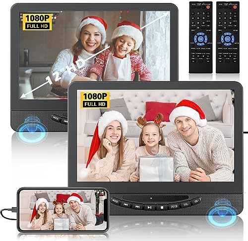 12" Dual Portable DVD Player for Car with 1080P HDMI Input, FELEMAN Car DVD Player Dual Screen Play A Same or Two Different Movies, 5 Hours Rechargeable Battery, Support USB, AV in, Lsat Memory