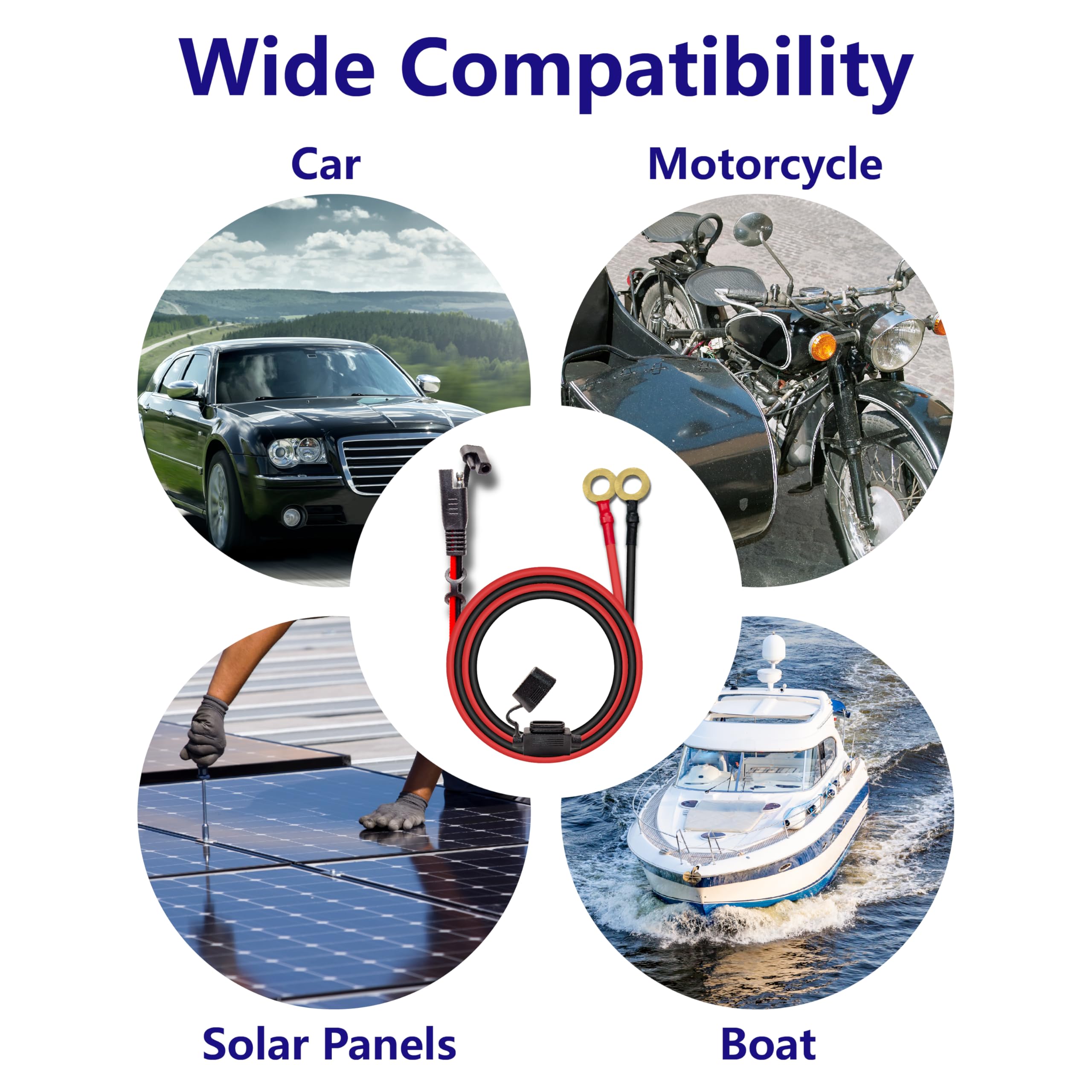 10AWG 6FT Charger Cable, SAE to O Ring Terminal Quick Disconnect Harness, 2 Pin SAE Connectors Extension Cables Cord with 15& 20A Fuse for Car, Motorcycle, Solar Panel