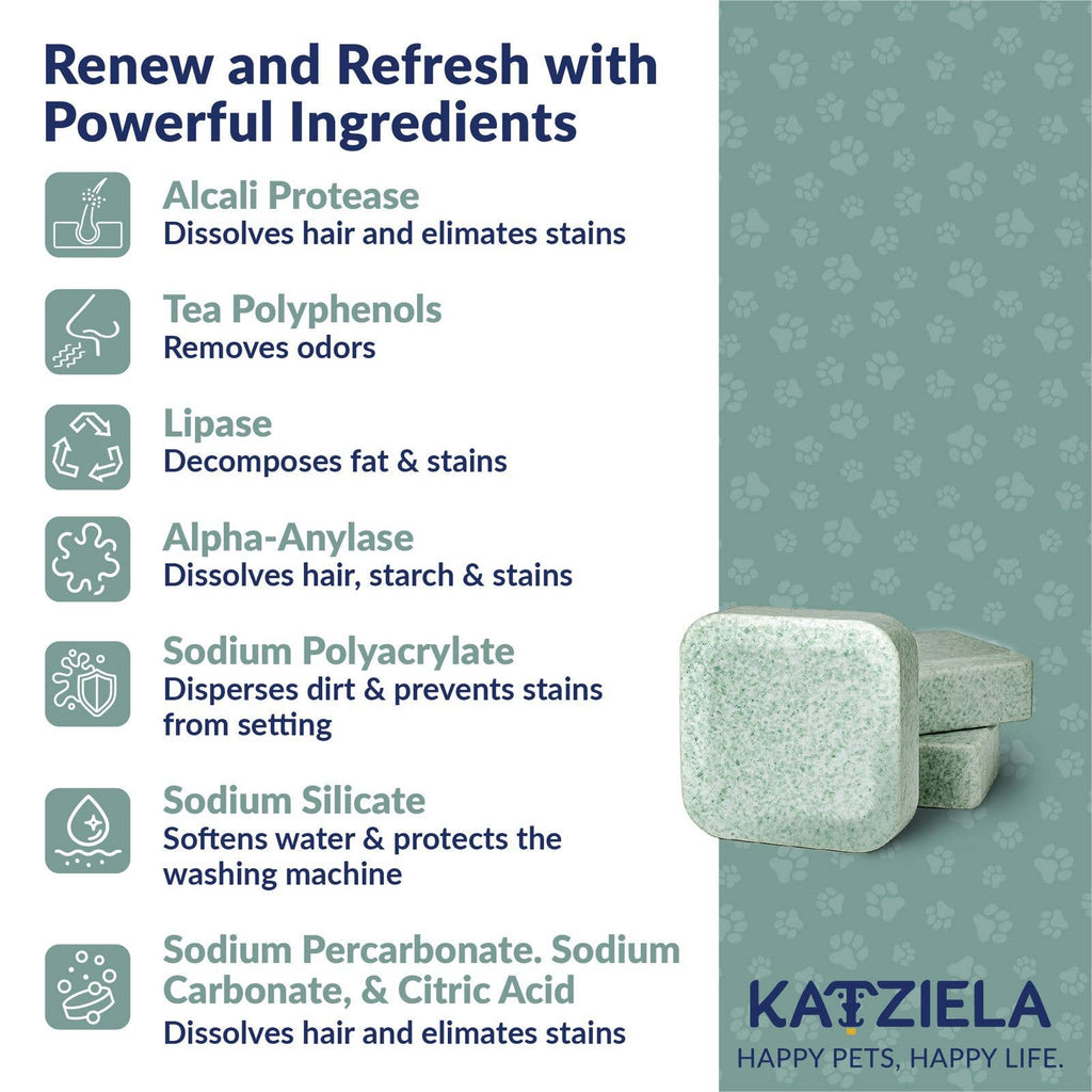 Katziela Washing Machine Cleaner Tablets – Plant-Based, Enzyme Formula for Pet Hair & Odor Removal – Fragrance-Free, Safe for All Washers