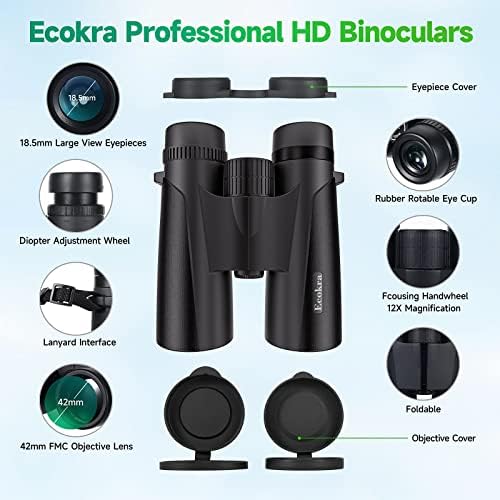 12x42 HD Binoculars for Adults, High Power Binoculars with Tripod Phone Adapter, Waterproof Compact Binoculars for Bird Watching Hunting Stargazing, Clear Low Light Night Vision, BAK4, FMC Prisms