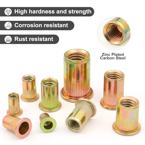 144Pcs Metric Rivet Nut Kit, Rivet Nuts Assortment M4 M5 M6 M8 M10, Carbon Steel Zinc Plated Rivnut, Flat Head Threaded Insert Nut, Knurled Body (VG30527)