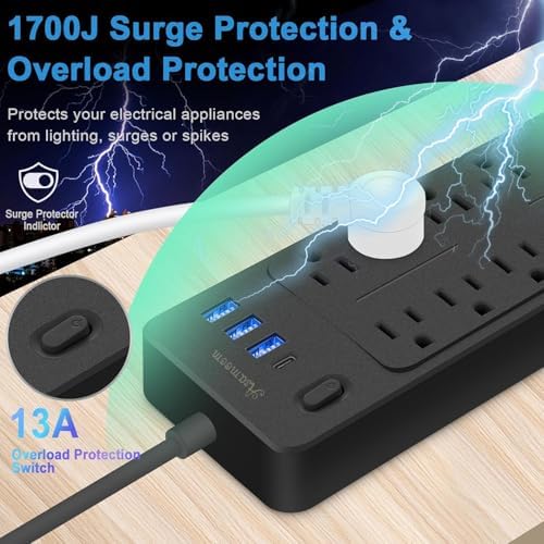 15 FT 14-in-1 Power Strips with Surge Protection 1700J,10 Outlets with 4 USB Ports (1 USB C) Long Extension Cord with Multiple Outlets 16Awg 1625W/13A Flat Plug Power Strip Protector Black