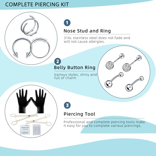 153Pcs Piercing Kit for all Body Piercings with Piercing Jewelry and Tools for Nose Septum Belly Button Lip Ear Tongue Cartilage Eyebrow and More with 12G 14G 16G and 20G Piercing Needles