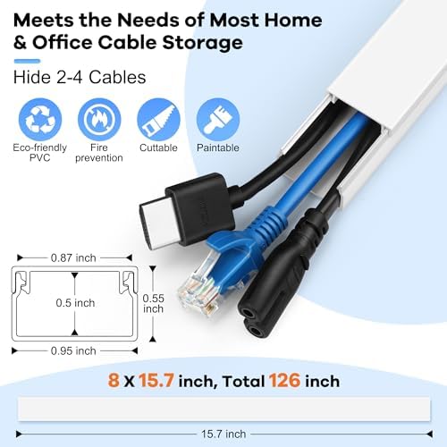 126in Cord Hider Kit, ZhiYo Cord Covers for Wall Mounted TV, Paintable Wire Cover for Cords, TV Cable Hider Wall Kit, Wall Cord Concealer, Cable Cover Wall Wire Management, 8xL15.7in W0.95in H0.55in