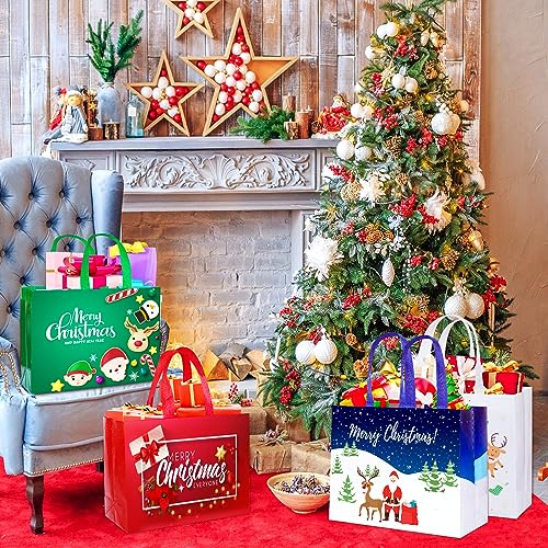 12 Pack Large Christmas Gift Bags with Tissue Paper - Reusable Christmas Tote Bags Non-Woven, Xmas Shopping Bags with Handles, for Christmas Treat Bags, Gifts Wrapping, Xmas Party Supplies 12.6'' X 9.8'' X 4.5''… (12 Pack)