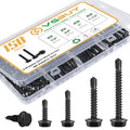 150Pcs Self Drilling Screws Assortment Kit, 410 Stainless Steel Self Tapping Sheet Metal TEK Screws, Black Zinc Plated, #8 1/2" 3/4" #10 1" 1-1/2", Hex Washer Head