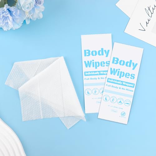 100Pcs Disposable Body Wipes, 7.8 x 9.8 inch Individually Wrapped Bath Wipes for Women Men in Bulk, No Rinse-Free Large Body Bath Shower Wipes for Home Travel Hotel Outdoors Camping After Gym (White)