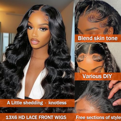 13x6 Body Wave Lace Front Wigs Human Hair Pre Plucked 30Inch 180% Density HD Transparent Lace Frontal Wigs for Women Glueless Wig with Baby Hair
