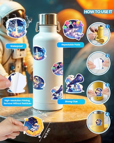 100pcs Space Stickers Bulk: Science Stickers Astronaut Stickers Vinyl Water Bottle Stickers for Kids Spaceman Outer Space Stickers Teacher Stickers for Students Space Party Favors Laptop Scrapbook
