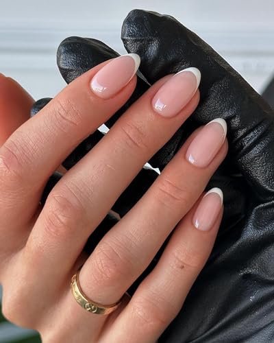 120Pcs White French Tip Press on Nails Almond Shape Fake Nails, Full Cover Glossy Nude False Nails Acrylic Glue on Nails with 5 Sheets Adhesive Tabs for Women Girls Finger Nails Design