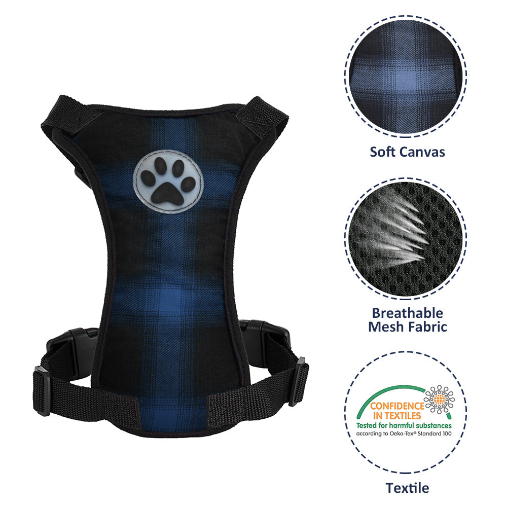 Dog Car Harness & Seat Belt - Plaid Blue & Black