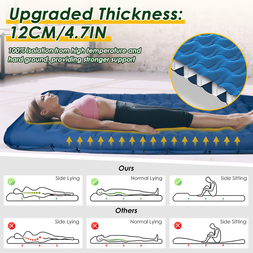 SlowTon Self Inflating Camping Mat- 12 CM Thickness Inflatable Sleeping Pad with Built-in Pump, Portable Lightweight Single Camping Air Mattress with Pillow, Double Joinable for Outdoor Hiking(Blue）