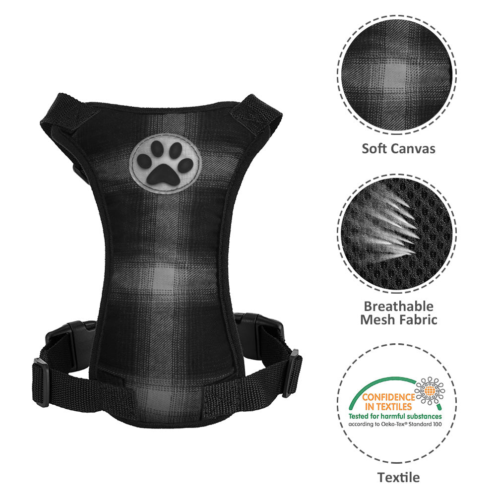 Dog Car Harness & Seat Belt - Plaid Grey & Black