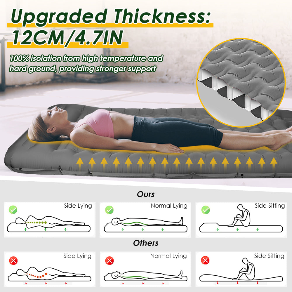 SlowTon Self Inflating Camping Mat- 12 CM Thickness Inflatable Sleeping Pad with Built-in Pump, Portable Lightweight Single Camping Air Mattress with Pillow, Double Joinable for Outdoor Hiking(Grey)
